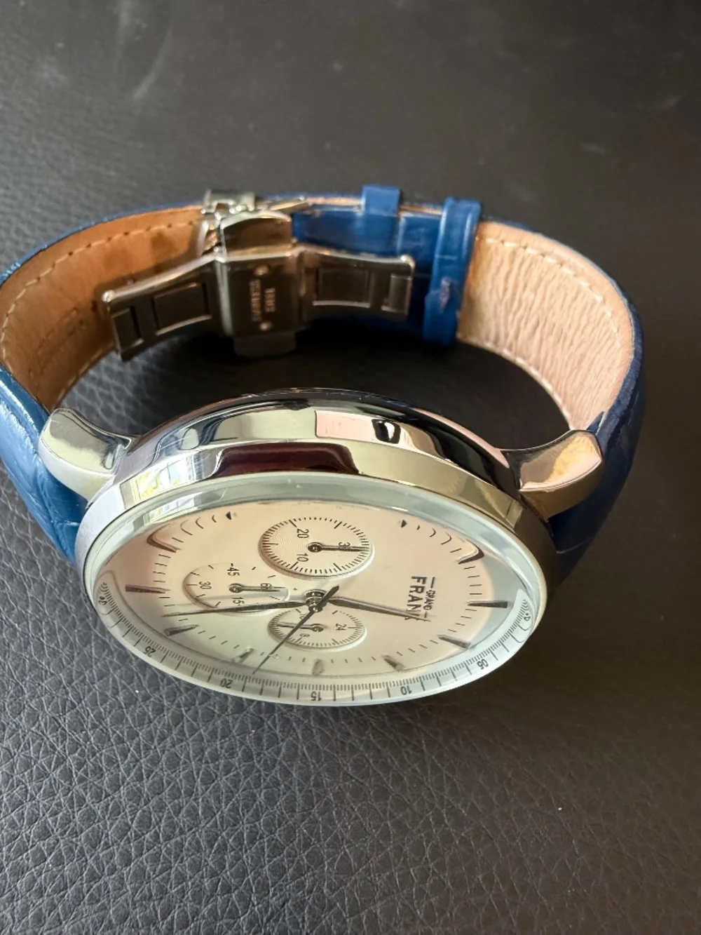 Grand Frank Quartz Montpellier White Chronograph Blue Leather Strap Watch